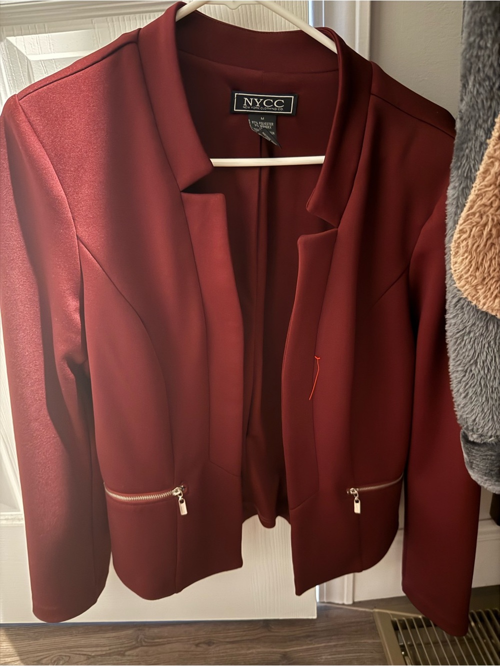 NYCC Women's Burgundy Open-Front Blazer with Zip Pockets